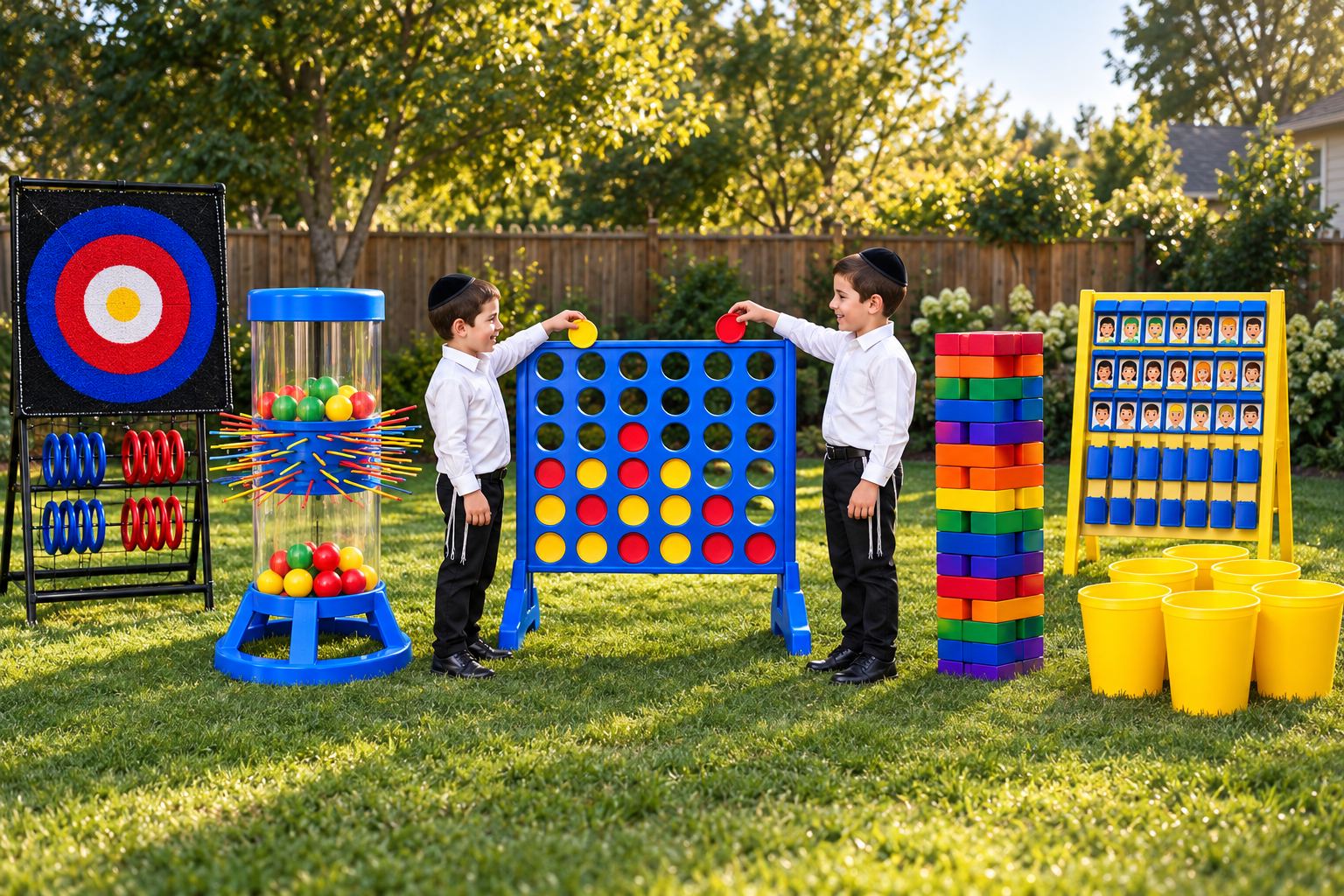Giant Connect 4, Tetris Tumble, Guess Who and BasketPong set up in a backyard